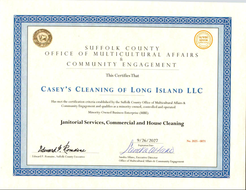Suffolk County Certification for Caseys cleaning of Long Island